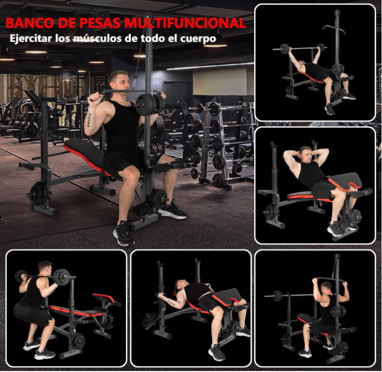 Adjustable and foldable abdominal bench with weight support - Bodybuilding, Pec Fly, Squat, Optional pulley bar, Shipping from Spain
