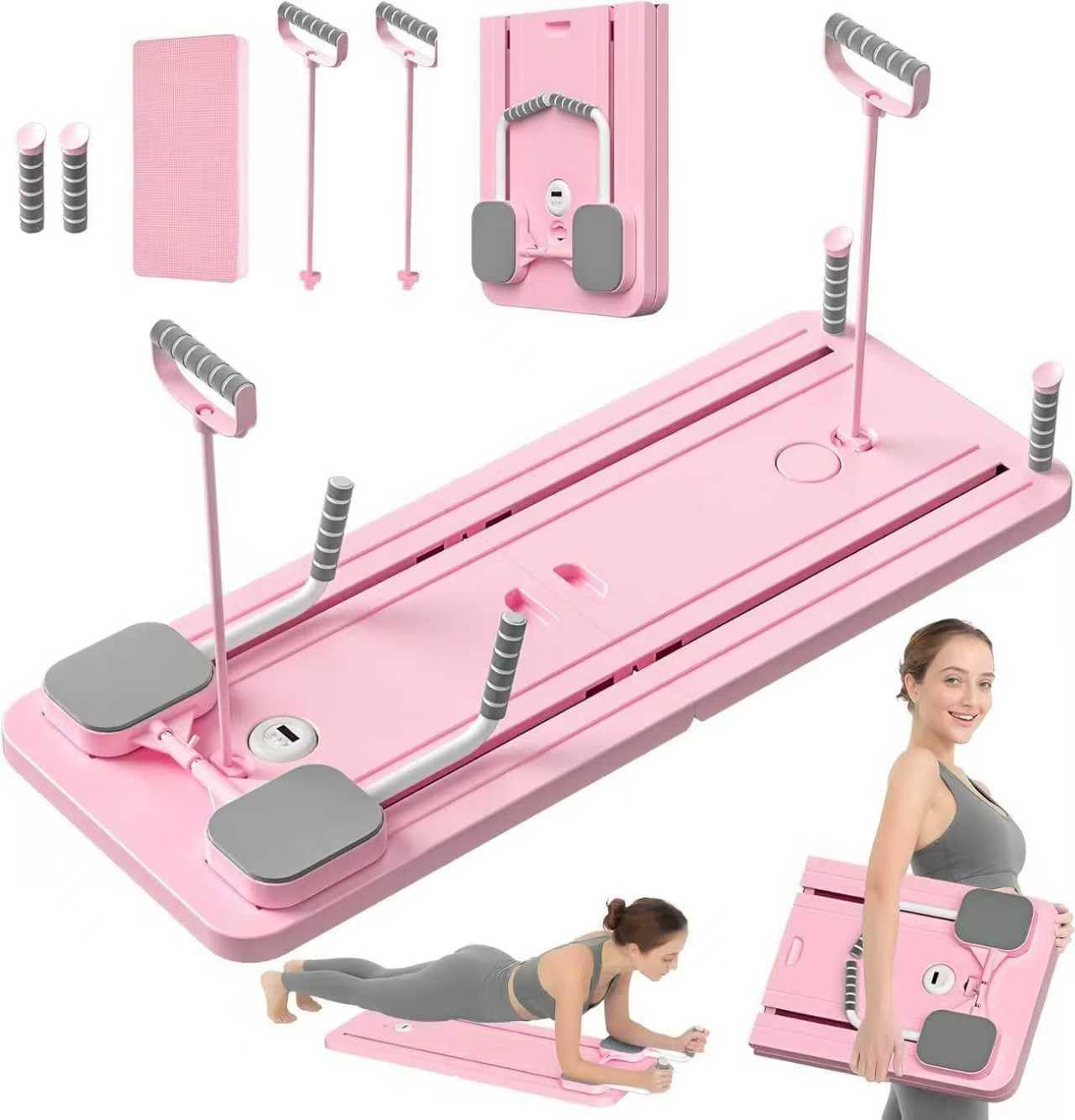 Pilates Reformando Compacto, 4 en 1 Pilates Plegable,La rueda abdominal push-up rebota automáticamente temporizador,Tabla Abdominal Pilates Multifunción para el Hogar y el Gimnasio