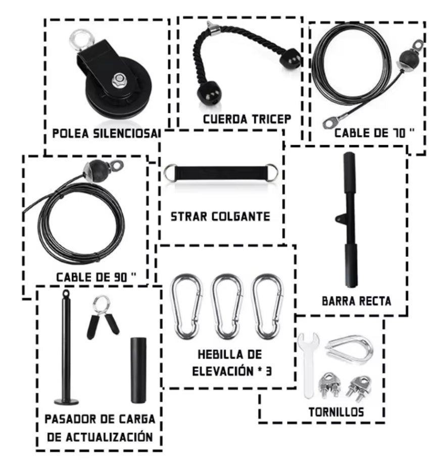 Pulley kit for gym with accessories - biceps and triceps training