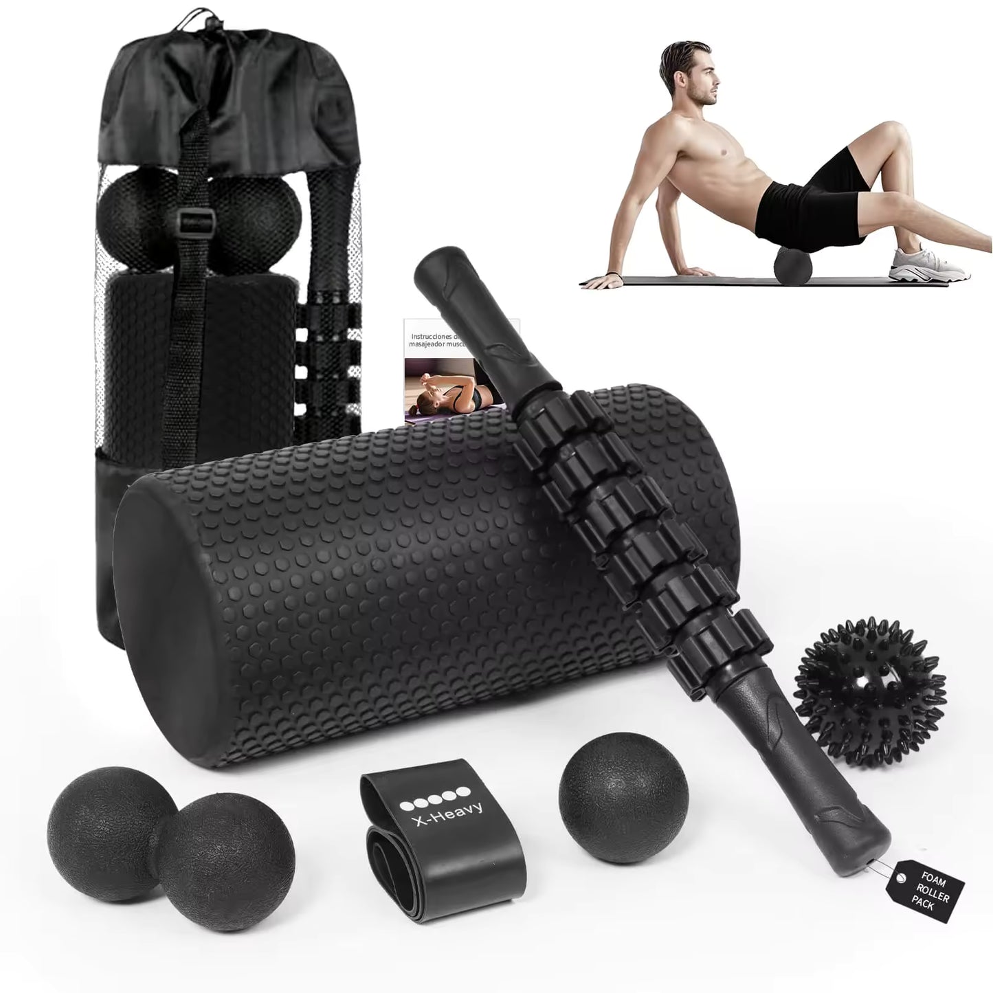 Foam Roller Kit 7-en-1, Kit de Rodillo Masaje Muscular con Rodillos de Espuma 38.5 cm, Roller Stick, Bolas Masaje y Spiky Ball, Kit de Rulo de Estiramiento para Relajación Muscular