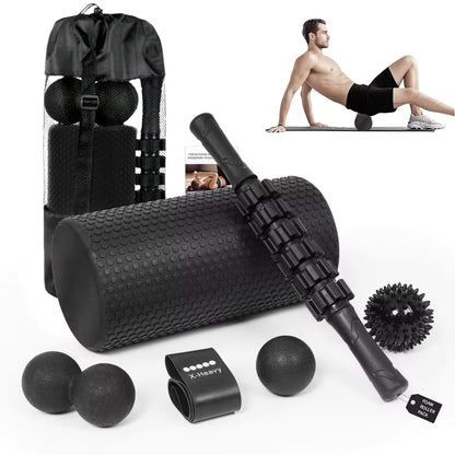 Foam Roller Kit 7-en-1, Kit de Rodillo Masaje Muscular con Rodillos de Espuma 38.5 cm, Roller Stick, Bolas Masaje y Spiky Ball, Kit de Rulo de Estiramiento para Relajación Muscular