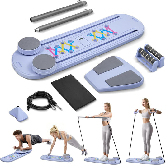 Mini Reformador de Pilates 6 en 1 Plegable con Contador Inteligente y Rebote Automático, Tabla Multifuncional con Cuerdas de Resistencia para Casa