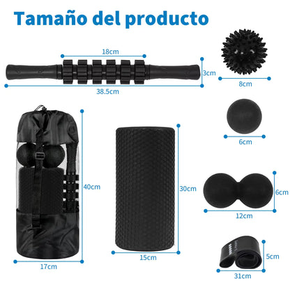 Foam Roller Kit 7-en-1, Kit de Rodillo Masaje Muscular con Rodillos de Espuma 38.5 cm, Roller Stick, Bolas Masaje y Spiky Ball, Kit de Rulo de Estiramiento para Relajación Muscular