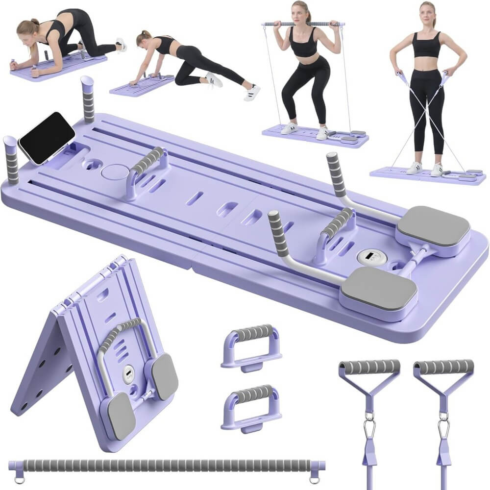 Pilates Reformando Compacto, 4 en 1 Pilates Plegable,La rueda abdominal push-up rebota automáticamente temporizador,Tabla Abdominal Pilates Multifunción para el Hogar y el Gimnasio