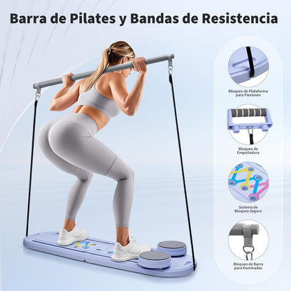 Mini Reformador de Pilates 6 en 1 Plegable con Contador Inteligente y Rebote Automático, Tabla Multifuncional con Cuerdas de Resistencia para Casa