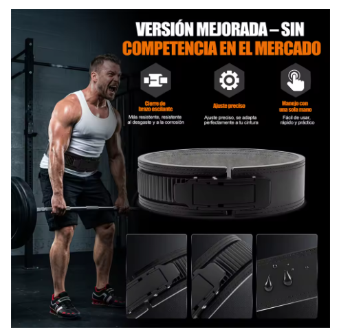 Cinturón de Halterofilia de Cuero con Hebilla de Palanca Metálica Ajustable, 27 Posiciones de Ajuste, Soporte Lumbar para Sentadillas, Peso Muerto y Musculación, Negro