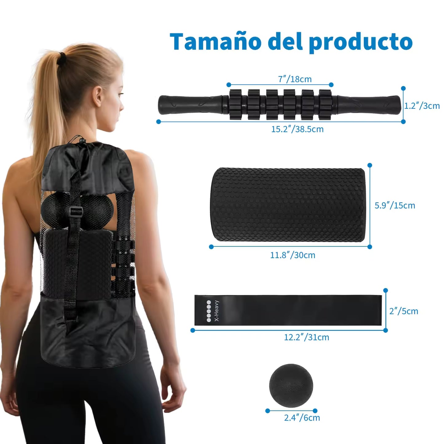 Foam Roller Kit 7-en-1, Kit de Rodillo Masaje Muscular con Rodillos de Espuma 38.5 cm, Roller Stick, Bolas Masaje y Spiky Ball, Kit de Rulo de Estiramiento para Relajación Muscular