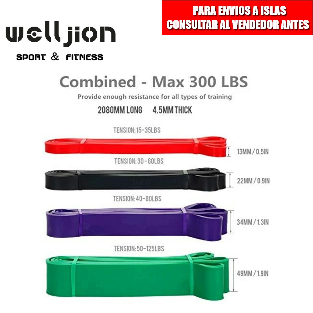 ELASTIC BAND, RESISTANCE, PACK 4 UNITS, WITH GRIP, BAG, FITNESS TRAINING, FREE SHIPPING