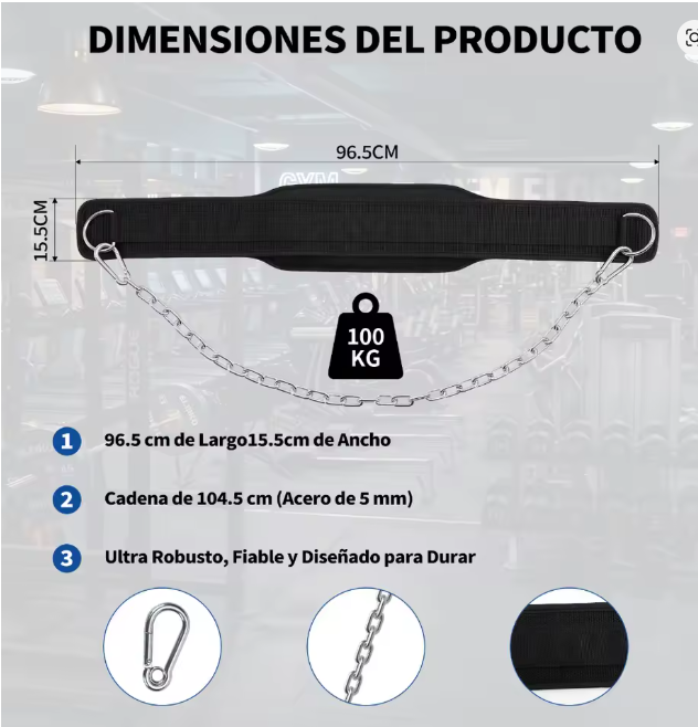 Cinturón de Lastre con Cadena de Acero de 104,5 cm, Acolchado y Ajustable, para Dominadas, Fondos y Entrenamiento de Fuerza, Negro