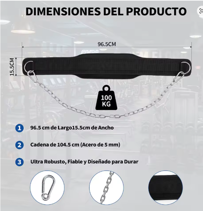 Cinturón de Lastre con Cadena de Acero de 104,5 cm, Acolchado y Ajustable, para Dominadas, Fondos y Entrenamiento de Fuerza, Negro