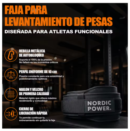 Cinturón de Power de 10 cm, Soporte Lumbar para Levantamiento de Pesas, Hebilla Metálica Autobloqueante y Cierre Ajustable de Velcro, Negro