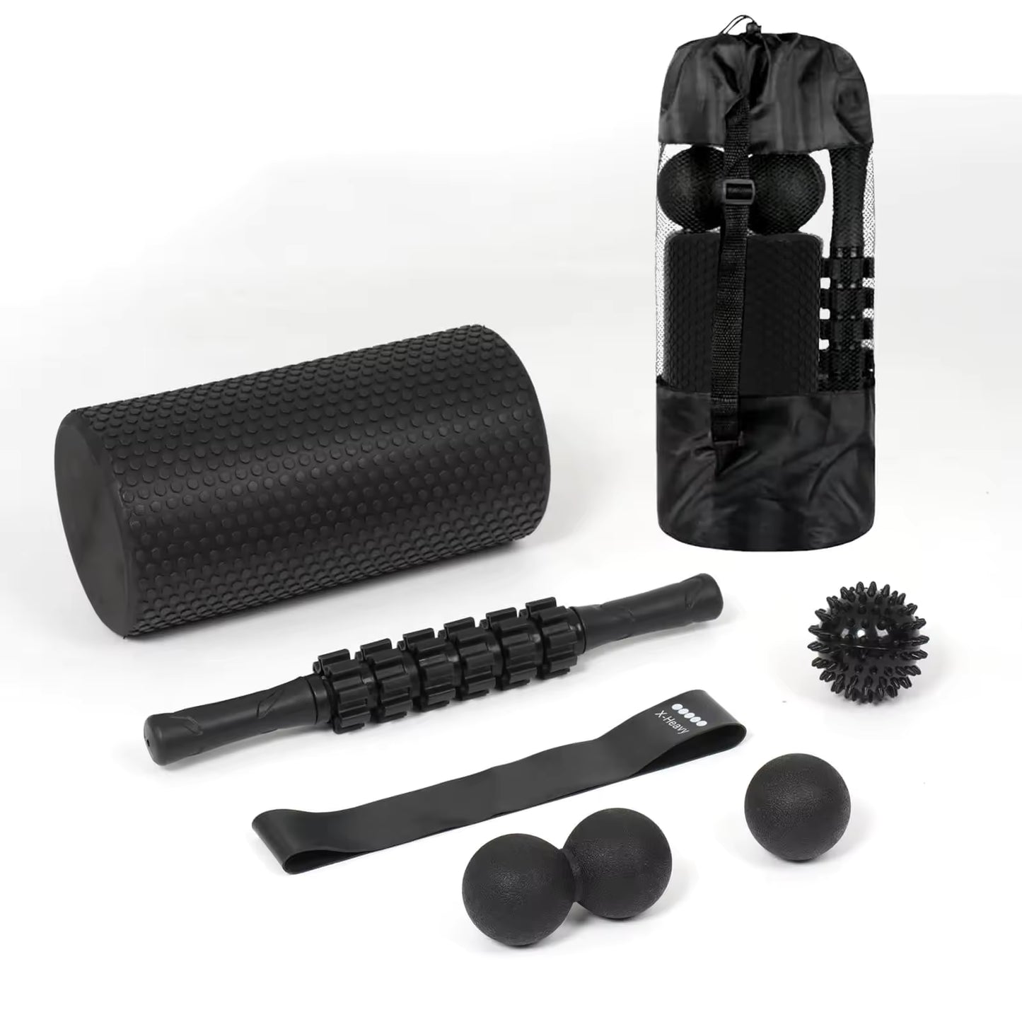 Foam Roller Kit 7-en-1, Kit de Rodillo Masaje Muscular con Rodillos de Espuma 38.5 cm, Roller Stick, Bolas Masaje y Spiky Ball, Kit de Rulo de Estiramiento para Relajación Muscular