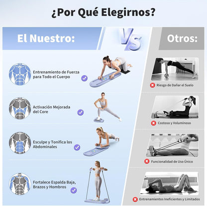 Mini Reformador de Pilates 6 en 1 Plegable con Contador Inteligente y Rebote Automático, Tabla Multifuncional con Cuerdas de Resistencia para Casa