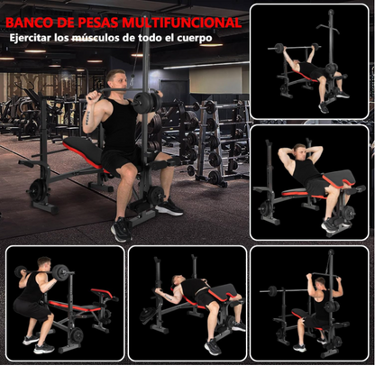 Banco abdominal ajustable y plegable con soporte de pesas - Musculación, Pec Fly, Squat, Barra de polea opcional, Envío desde España