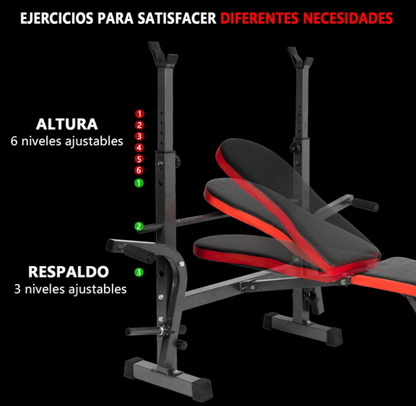 Banco abdominal ajustable y plegable con soporte de pesas - Musculación, Pec Fly, Squat, Barra de polea opcional, Envío desde España