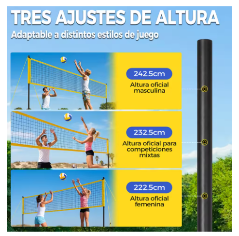 Set de Voleibol Portátil con Red de 9,75 m y Postes Ajustables a 3 Alturas, Incluye Balón, Inflador, Líneas de Campo, Anclajes y Bolsa de Transporte, para Playa y Jardín