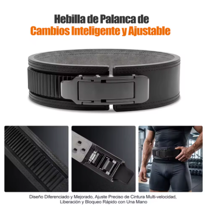 Cinturón de Halterofilia de Cuero con Hebilla de Palanca Metálica Ajustable, 27 Posiciones de Ajuste, Soporte Lumbar para Sentadillas, Peso Muerto y Musculación, Negro