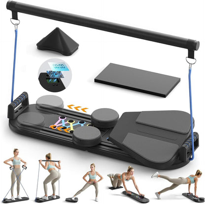 Mini Reformador de Pilates 6 en 1 Plegable con Contador Inteligente y Rebote Automático, Tabla Multifuncional con Cuerdas de Resistencia para Casa