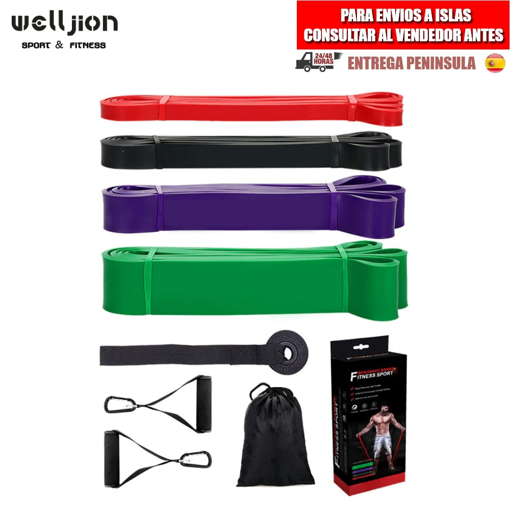 ELASTIC BAND, RESISTANCE, PACK 4 UNITS, WITH GRIP, BAG, FITNESS TRAINING, FREE SHIPPING