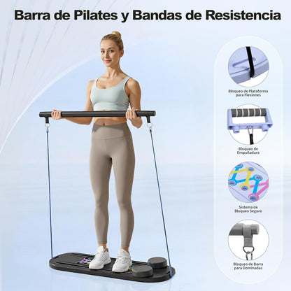 Mini Reformador de Pilates 6 en 1 Plegable con Contador Inteligente y Rebote Automático, Tabla Multifuncional con Cuerdas de Resistencia para Casa