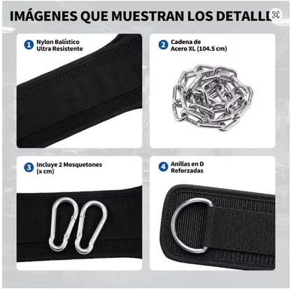 Cinturón de Lastre con Cadena de Acero de 104,5 cm, Acolchado y Ajustable, para Dominadas, Fondos y Entrenamiento de Fuerza, Negro