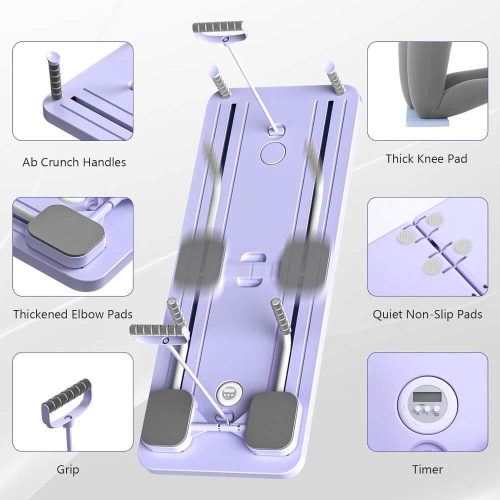 Pilates Reformando Compacto, 4 en 1 Pilates Plegable,La rueda abdominal push-up rebota automáticamente temporizador,Tabla Abdominal Pilates Multifunción para el Hogar y el Gimnasio
