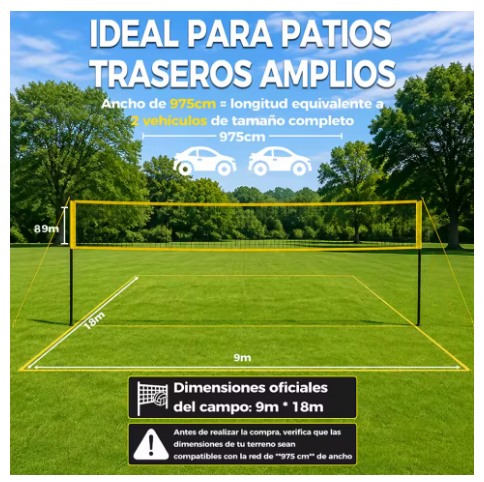 Set de Voleibol Portátil con Red de 9,75 m y Postes Ajustables a 3 Alturas, Incluye Balón, Inflador, Líneas de Campo, Anclajes y Bolsa de Transporte, para Playa y Jardín