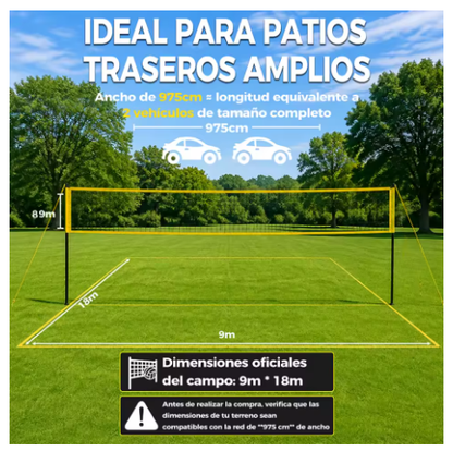 Set de Voleibol Portátil con Red de 9,75 m y Postes Ajustables a 3 Alturas, Incluye Balón, Inflador, Líneas de Campo, Anclajes y Bolsa de Transporte, para Playa y Jardín