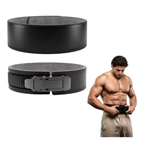 Cinturón de Halterofilia de Cuero con Hebilla de Palanca Metálica Ajustable, 27 Posiciones de Ajuste, Soporte Lumbar para Sentadillas, Peso Muerto y Musculación, Negro