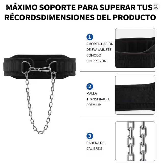 Cinturón de Lastre con Cadena de Acero de 104,5 cm, Acolchado y Ajustable, para Dominadas, Fondos y Entrenamiento de Fuerza, Negro