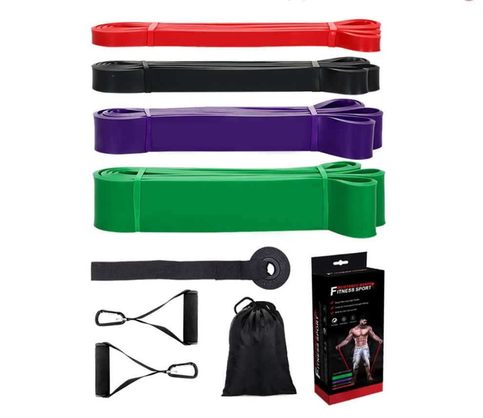 ELASTIC BAND, RESISTANCE, PACK 4 UNITS, WITH GRIP, BAG, FITNESS TRAINING, FREE SHIPPING