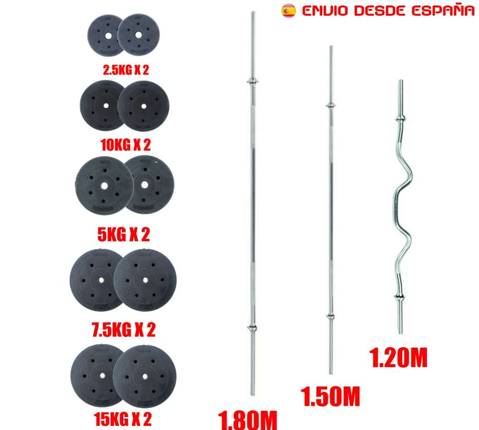WEIGHT DISCS 2.5KG-5KG-7.5KG-10KG-15KG, BAR FOR WEIGHTS, 1.8 M, 1.5 M, 1.2 M, FOR MUSCULATION. SHIPPING FROM SPAIN