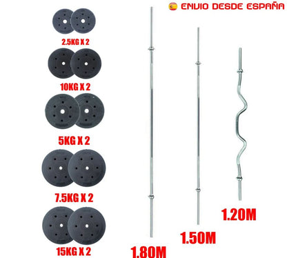 WEIGHT DISCS 2.5KG-5KG-7.5KG-10KG-15KG, BAR FOR WEIGHTS, 1.8 M, 1.5 M, 1.2 M, FOR MUSCULATION. SHIPPING FROM SPAIN
